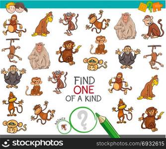 Cartoon Illustration of Find One of a Kind Picture Educational Activity Game for Children with Monkey Characters