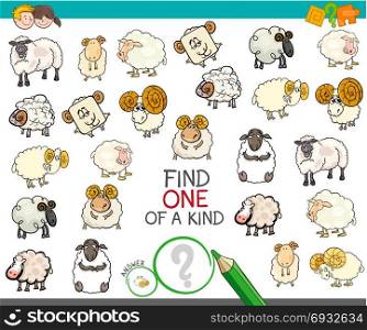 Cartoon Illustration of Find One of a Kind Picture Educational Activity Game for Children with Sheep Characters
