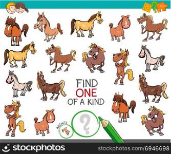 Cartoon Illustration of Find One of a Kind Picture Educational Activity Game for Children with Horses Farm Animal Characters