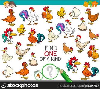 Cartoon Illustration of Find One of a Kind Picture Educational Activity Game for Children with Chicken Farm Animal Characters