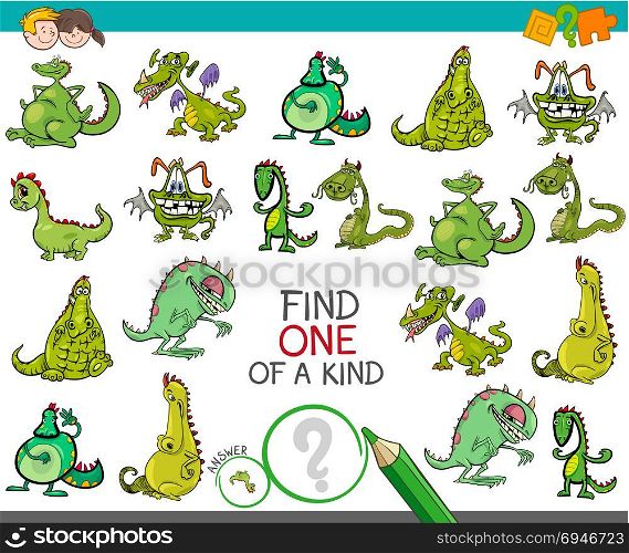 Cartoon Illustration of Find One of a Kind Picture Educational Activity Game for Children with Dragons Fantasy Animal Characters