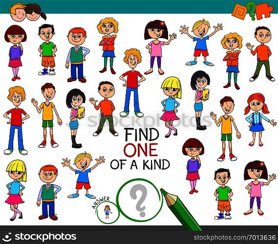 Cartoon Illustration of Find One of a Kind Picture Educational Activity Game with Children and Teenager Characters
