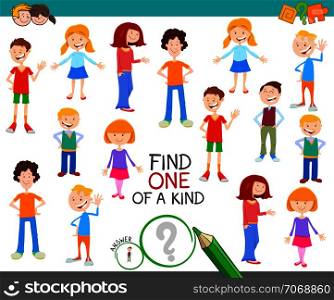 Cartoon Illustration of Find One of a Kind Picture Educational Activity Game with Funny Children Characters