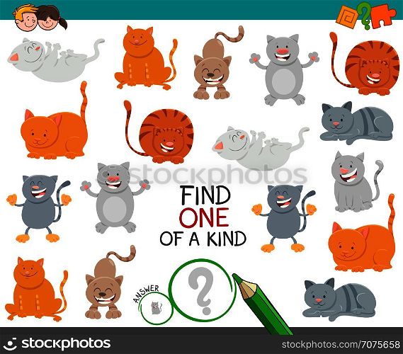 Cartoon Illustration of Find One of a Kind Picture Educational Activity Game with Funny Cats and Kitten Characters