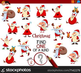 Cartoon Illustration of Find One of a Kind Picture Educational Activity Game for Children with Santa Claus Christmas Characters