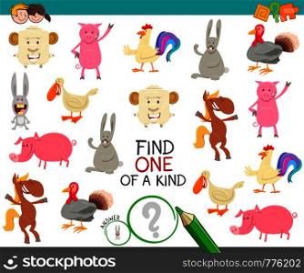 Cartoon Illustration of Find One of a Kind Picture Educational Activity Game with Cute Farm Animal Characters