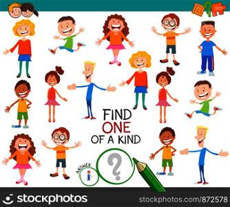 Cartoon Illustration of Find One of a Kind Picture Educational Activity Game with Children and Teenagers Characters