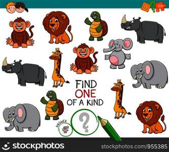 Cartoon Illustration of Find One of a Kind Picture Educational Activity Game with Wild Animal Characters
