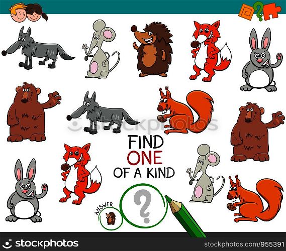 Cartoon Illustration of Find One of a Kind Picture Educational Activity Game for Children with Animal Characters