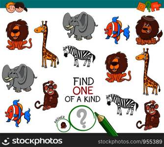 Cartoon Illustration of Find One of a Kind Picture Educational Activity Game with Animal Characters