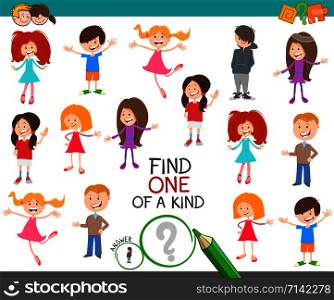 Cartoon Illustration of Find One of a Kind Picture Educational Activity Task with Children and Teen Characters