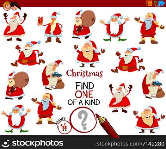 Cartoon Illustration of Find One of a Kind Picture Educational Activity Task for Children with Santa Claus Christmas Characters