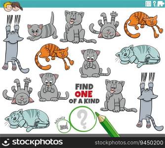 Cartoon illustration of find one of a kind picture educational activity with comic cats animal characters