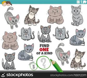 Cartoon illustration of find one of a kind picture educational game with cute cats and kitten characters