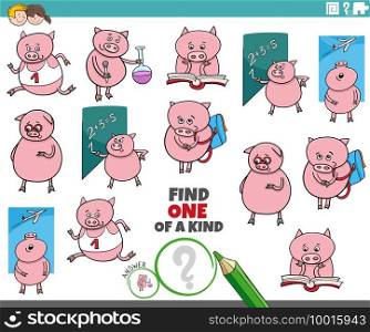 Cartoon illustration of find one of a kind picture educational game with funny piglets student characters