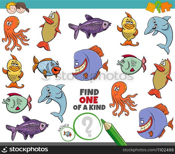 Cartoon Illustration of Find One of a Kind Picture Educational Game with Funny Sea Life Animal Characters