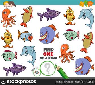 Cartoon Illustration of Find One of a Kind Picture Educational Game with Funny Sea Life Animal Characters