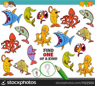 Cartoon Illustration of Find One of a Kind Picture Educational Game with Funny Sea Life Marine Animal Characters