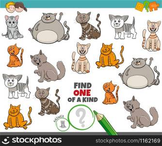 Cartoon Illustration of Find One of a Kind Picture Educational Game with Comic Cats and Kittens Animal Characters