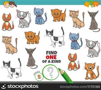 Cartoon Illustration of Find One of a Kind Picture Educational Game with Comic Cats and Kittens Characters