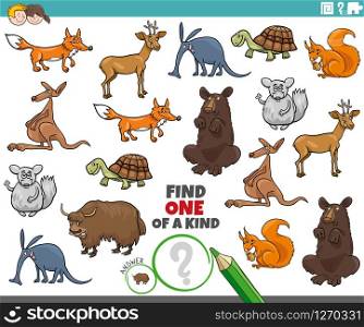 Cartoon Illustration of Find One of a Kind Picture Educational Game with Comic Wild Animal Characters