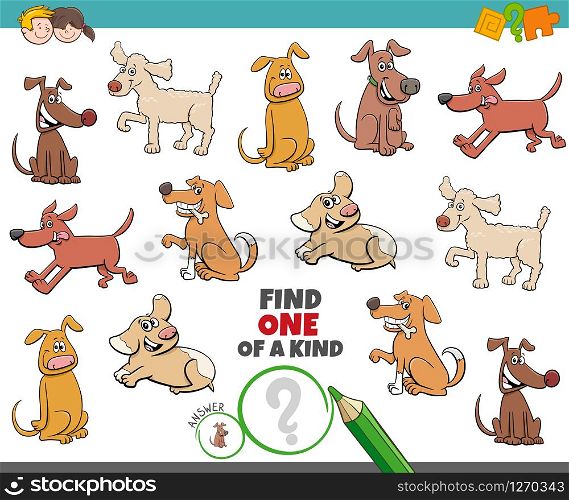 Cartoon Illustration of Find One of a Kind Picture Educational Game with Playful Dogs and Puppies Characters