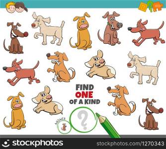 Cartoon Illustration of Find One of a Kind Picture Educational Game with Playful Dogs and Puppies Characters