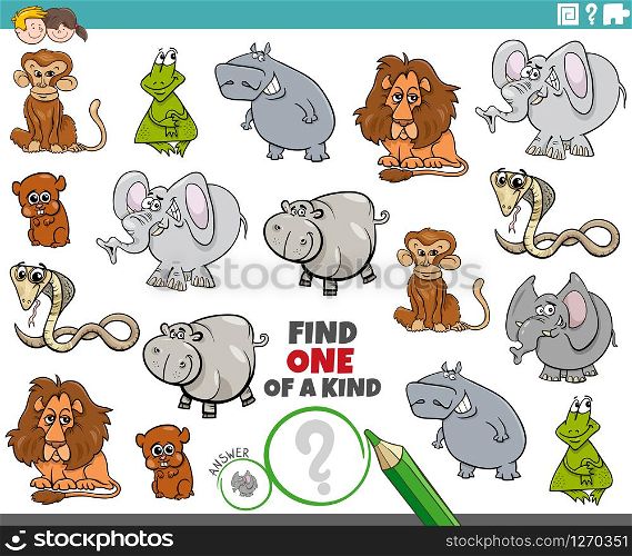 Cartoon Illustration of Find One of a Kind Picture Educational Game with Happy Wild Animal Characters