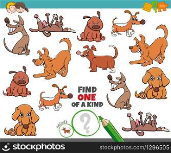 Cartoon Illustration of Find One of a Kind Picture Educational Game with Funny Dogs and Puppies Animal Characters