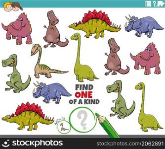 Cartoon illustration of find one of a kind picture educational game with dinosaurs prehistoric animal characters