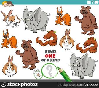 Cartoon illustration of find one of a kind picture educational game with funny wild animal characters