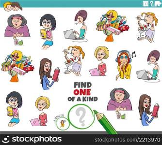 Cartoon illustration of find one of a kind picture educational game with comic girls and women characters