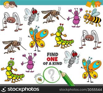 Cartoon Illustration of Find One of a Kind Picture Educational Game with Happy Insects and Bugs Animal Characters