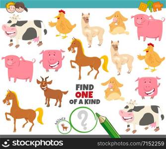 Cartoon Illustration of Find One of a Kind Picture Educational Game with Funny Farm Animal Characters