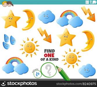 Cartoon illustration of find one of a kind picture educational game with nature or weather characters