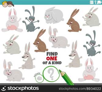 Cartoon illustration of find one of a kind picture educational game with comic rabbits animal characters