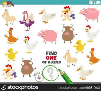 Cartoon illustration of find one of a kind picture educational game with comic farm animal characters