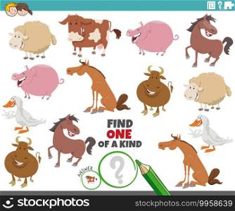 Cartoon illustration of find one of a kind picture educational game with comic farm animal characters