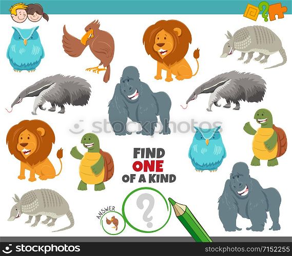 Cartoon Illustration of Find One of a Kind Picture Educational Game with Animal Characters