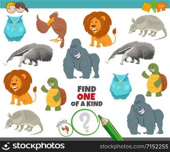 Cartoon Illustration of Find One of a Kind Picture Educational Game with Animal Characters