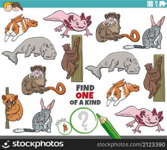 Cartoon illustration of find one of a kind picture educational game with comic animal characters