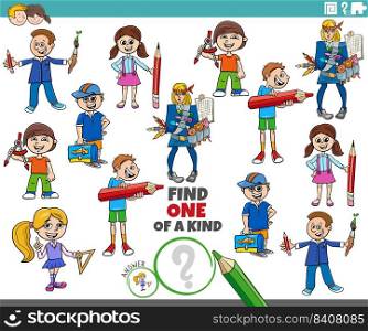 Cartoon illustration of find one of a kind picture educational game with comic pupils children