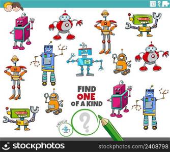 Cartoon illustration of find one of a kind picture educational game with comic robot characters