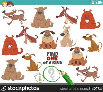 Cartoon illustration of find one of a kind picture educational game with dogs animal characters