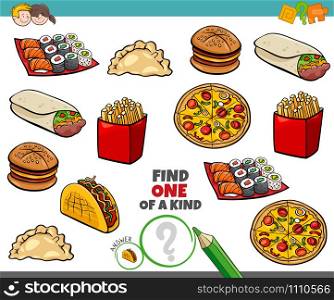 Cartoon Illustration of Find One of a Kind Picture Educational Game with Food Objects