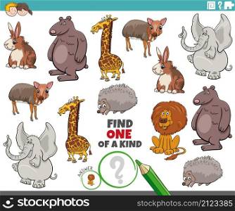 Cartoon illustration of find one of a kind picture educational game with funny animal characters