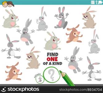 Cartoon illustration of find one of a kind picture educational game with rabbits animal characters