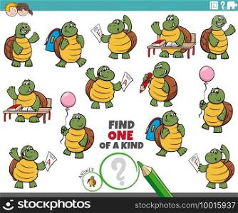 Cartoon illustration of find one of a kind picture educational game with turtles student characters