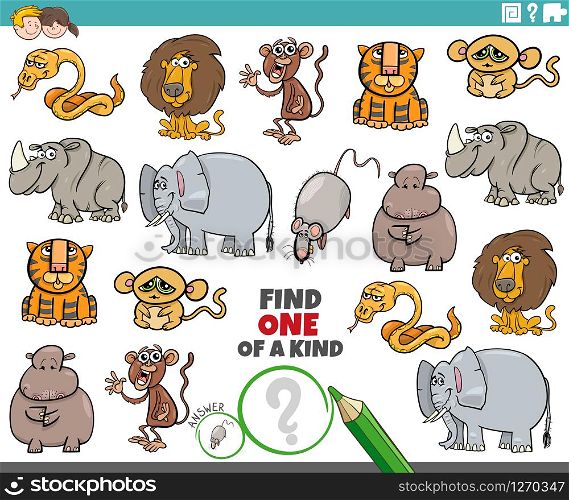 Cartoon Illustration of Find One of a Kind Picture Educational Game with Wild Animal Characters