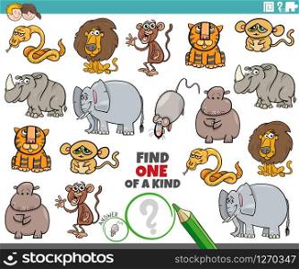 Cartoon Illustration of Find One of a Kind Picture Educational Game with Wild Animal Characters